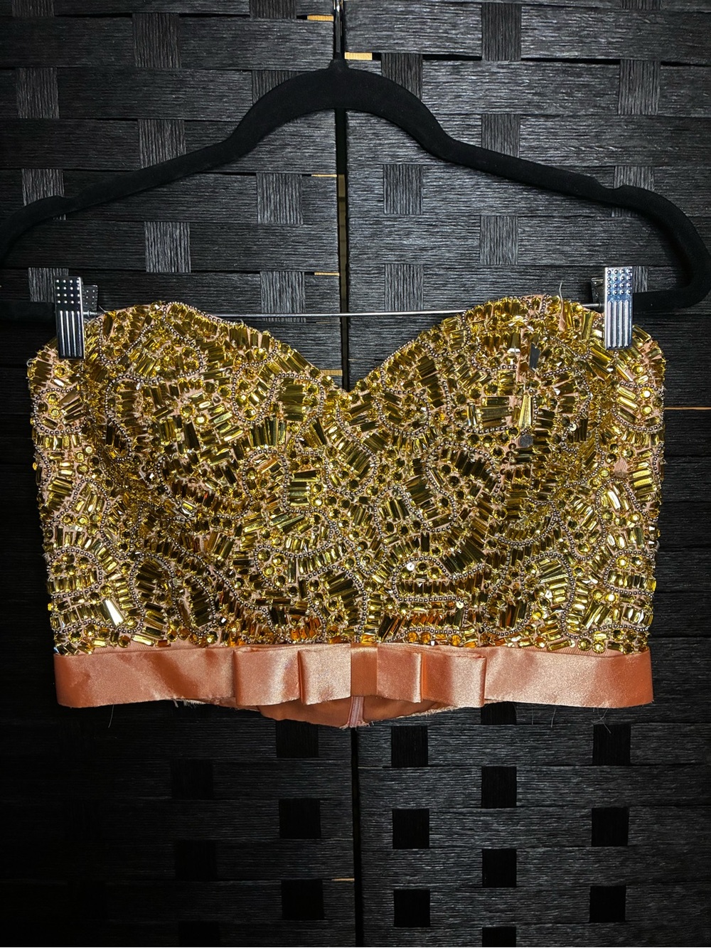 La Femme Gold Beaded Sequin Corset Top Strapless Sweetheart Bustier